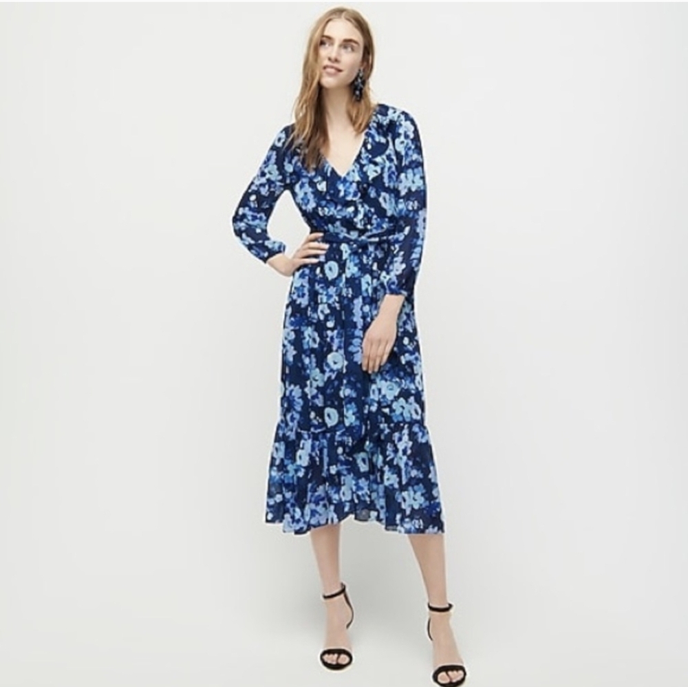 NEW J. Crew Longsleeve Faux Wrap Sheer Floral Ruffle Dress-- Watercolor Begonias